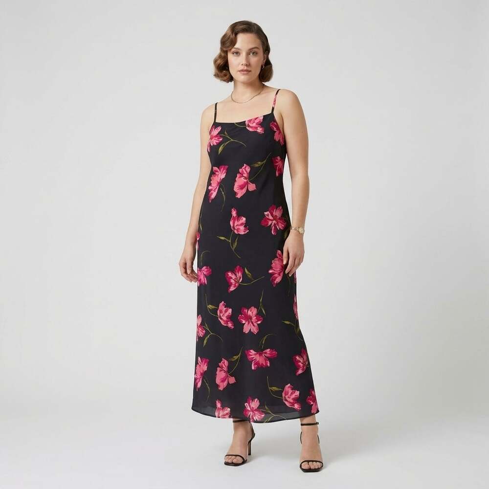 Vintage 90s Expressions Size 14 Floral Slip Dress Black Pink Maxi Spaghetti